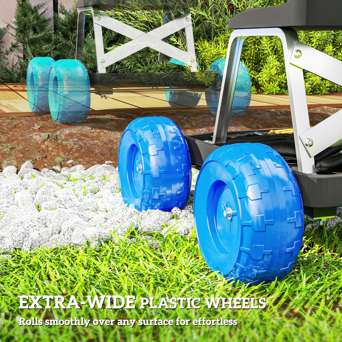 Outsunny Garden Seat Cart with Wheels and Tool Tray, Blue