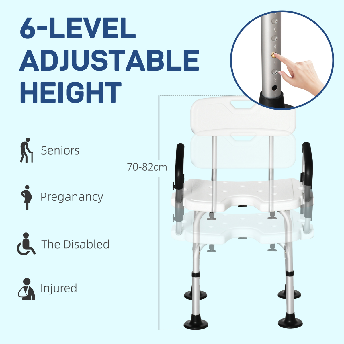 HOMCOM Adjustable Height Shower Stool with Suction Feet, High Back, Padded Arms and Drainage Seat for Elderly and Disabled