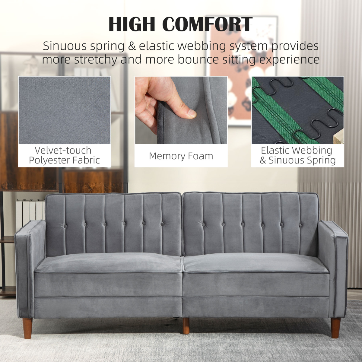HOMCOM Dark Grey Velvet-Touch Convertible Futon Sofa Bed
