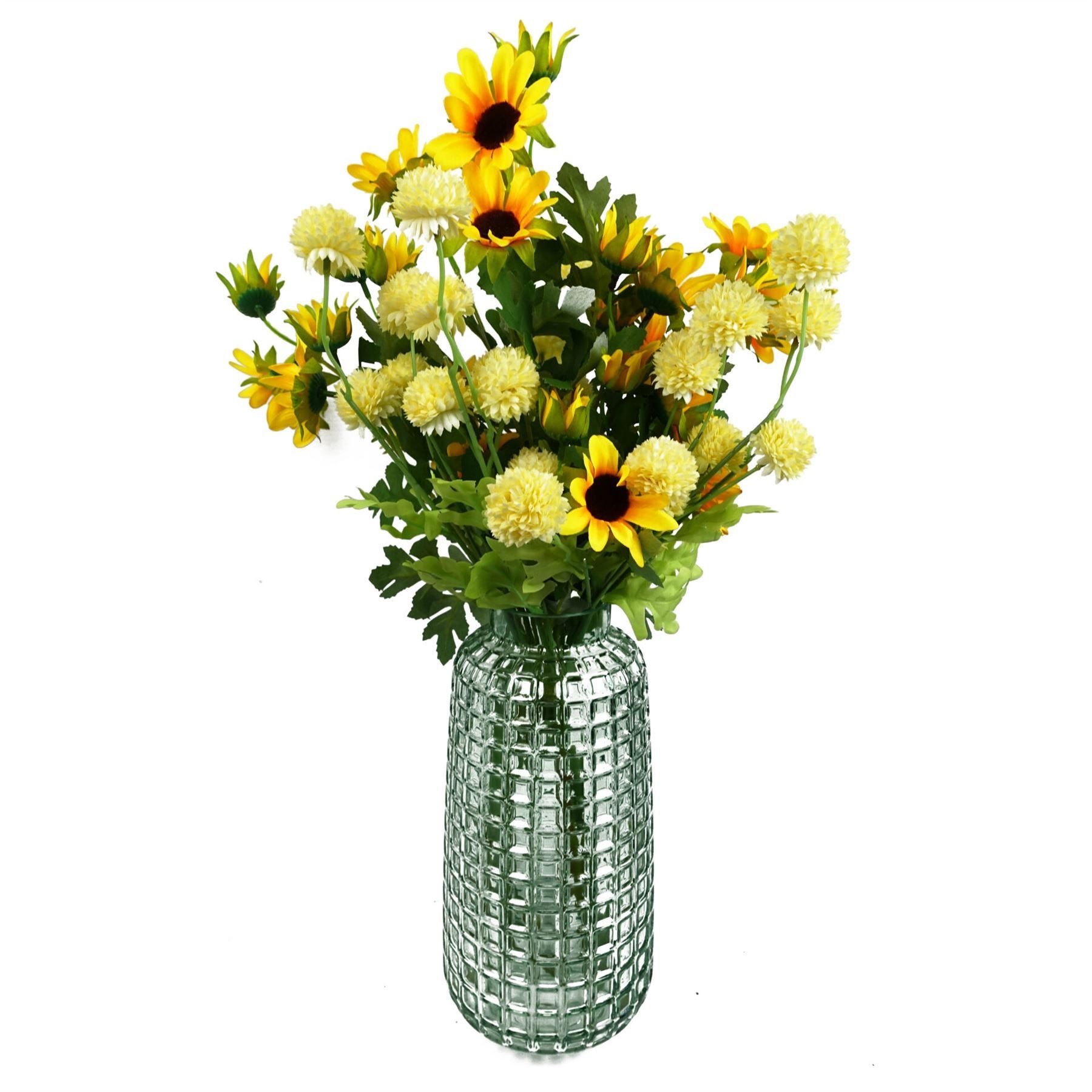 Leaf 50cm Artificial Yellow Dahlia Pompom Spray Stem, 5 Blooms