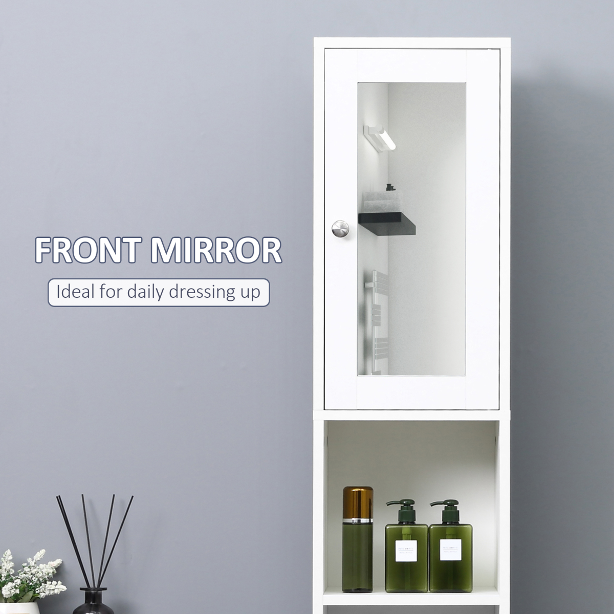 Bathroom Floor Storage Cabinet with Mirrored Door, 2 Cupboards and 2 Shelves, Tallboy Unit