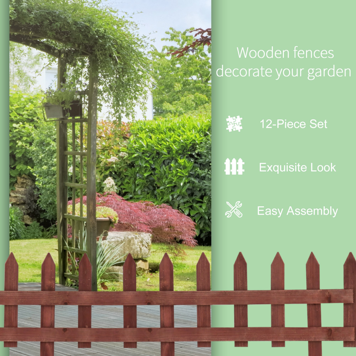 Outsunny Pack of 12 Fir Wood Garden Border Fence, Rustic Brown