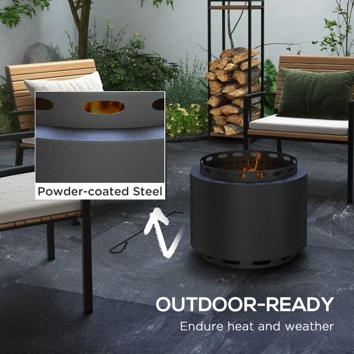 Outsunny 48.5cm Smokeless Wood Burning Fire Pit with Poker, Metal, Black