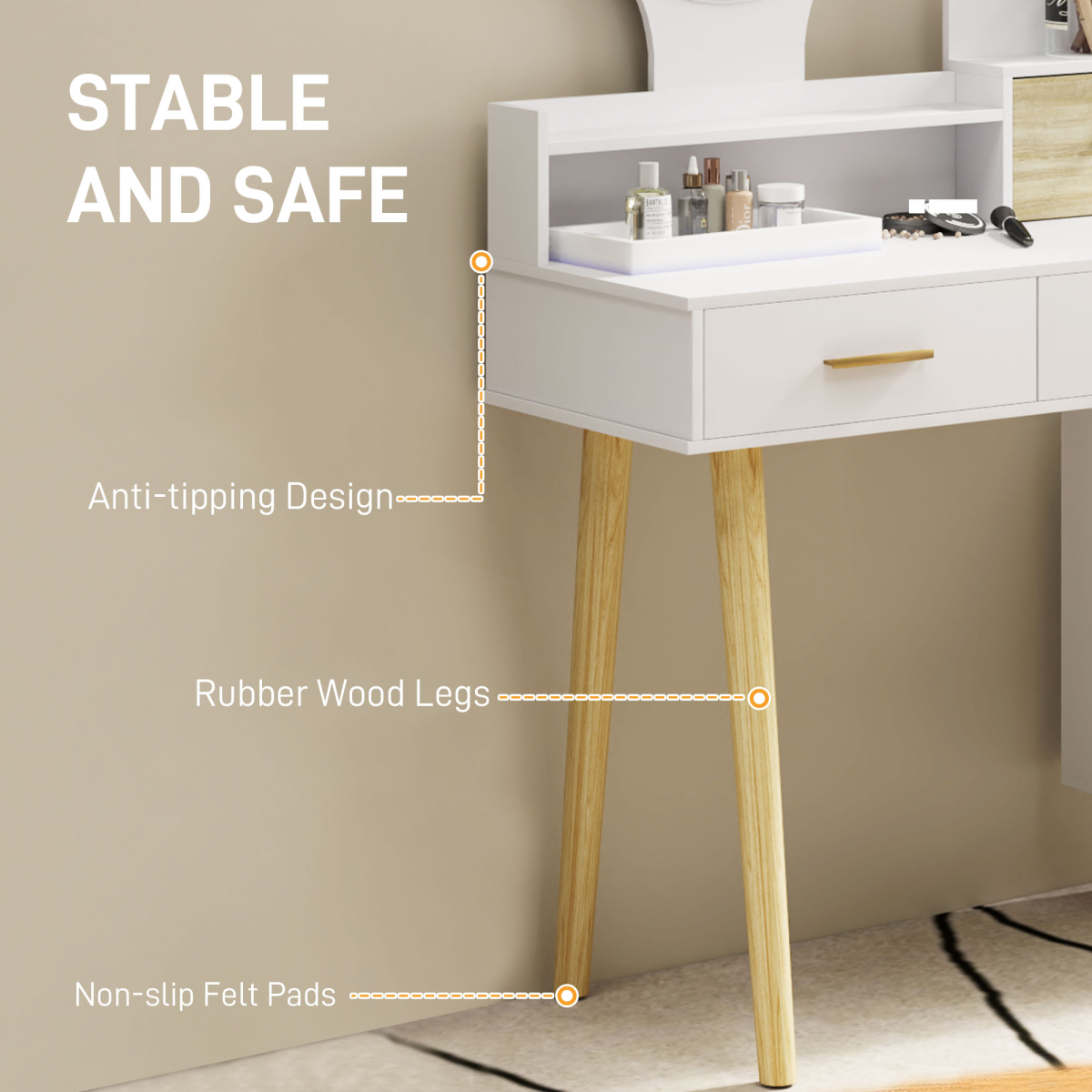 HOMCOM White Vanity Table with Mirror, LED Lights, 5 Drawers