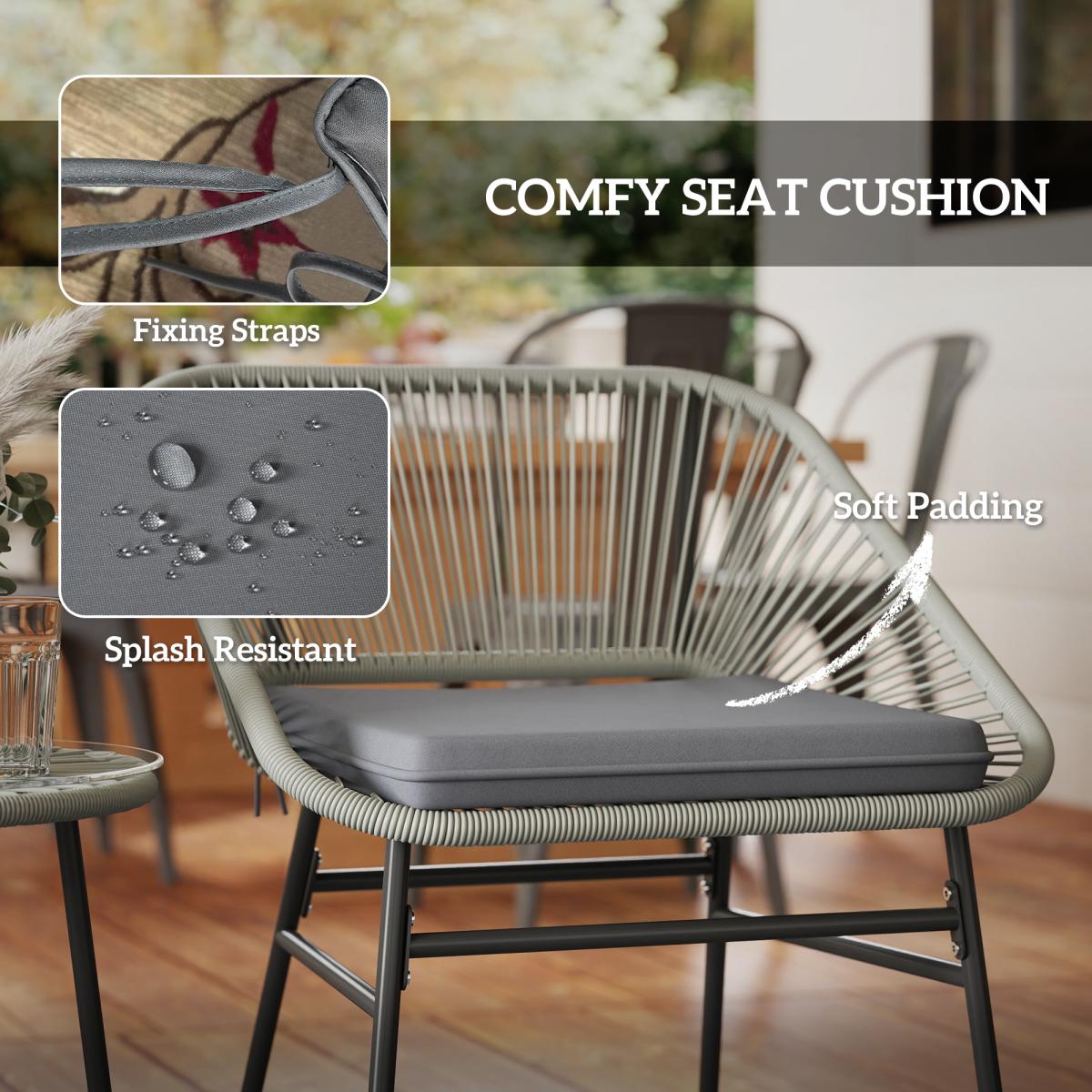 Outsunny 3 Piece Rattan Bistro Set with Cushions, Light Grey