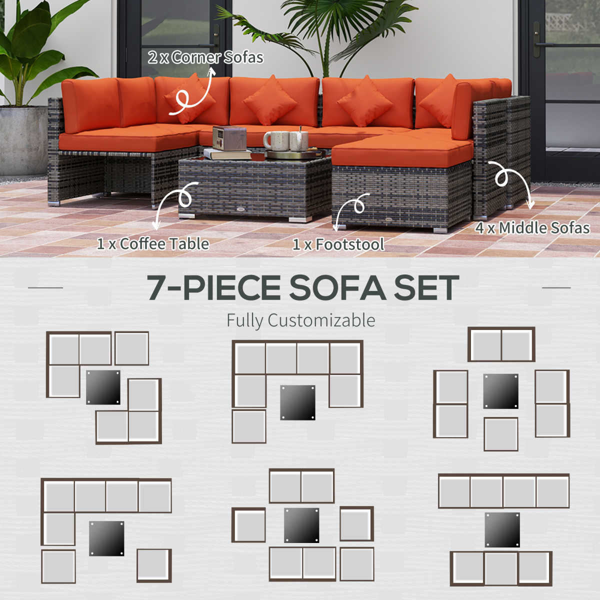 Outsunny 8-Piece Patio Rattan Furniture Set with Cushions, Orange