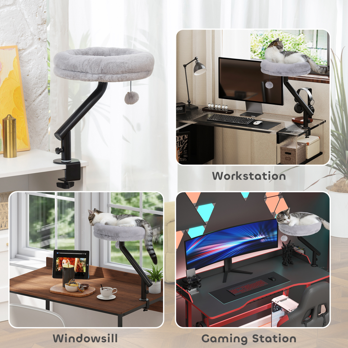 PawHut 360° Rotating Adjustable Cat Desk Bed with Clamp, Grey
