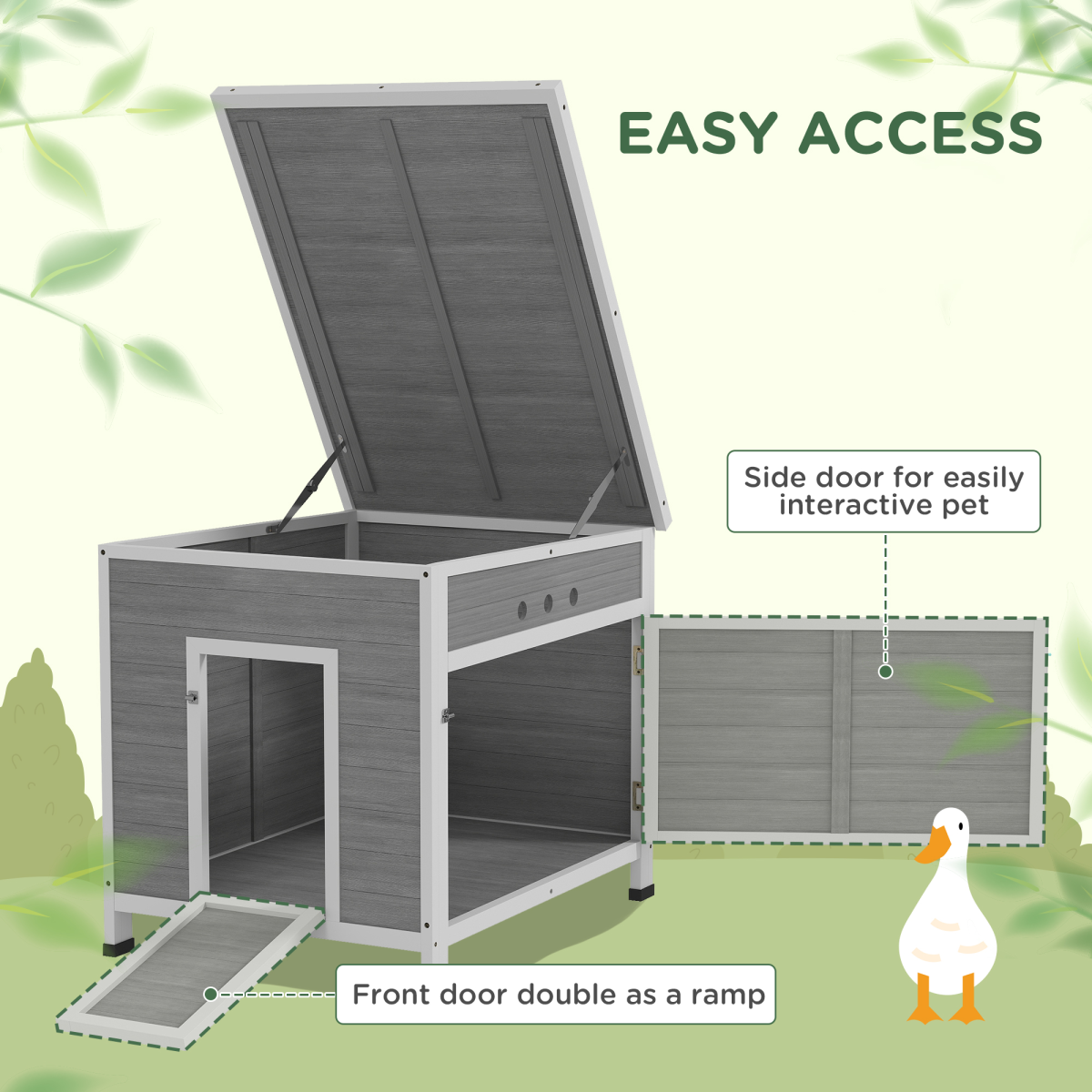 PawHut Wooden Duck House Coop with Double Doors, Openable Roof, Grey