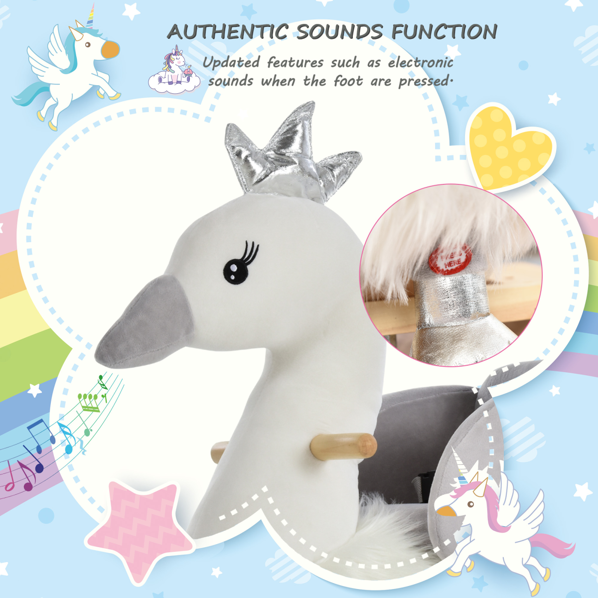 HOMCOM Kids Ride-On Rocking Swan with Sound, Seat Belt & Plush Seat