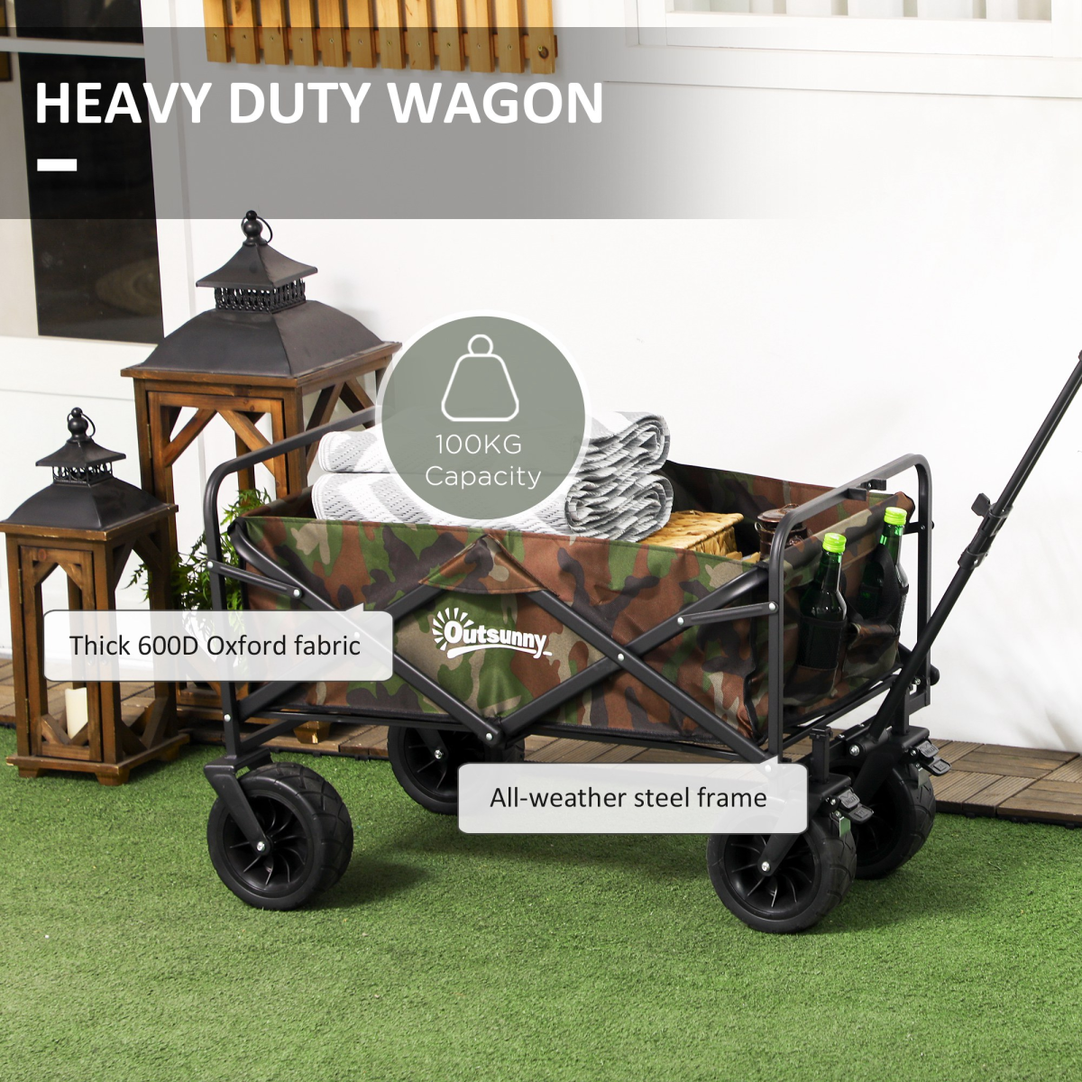 Outsunny Foldable Garden Cart Outdoor Utility Wagon with Carry Bag, 95L, Camouflage