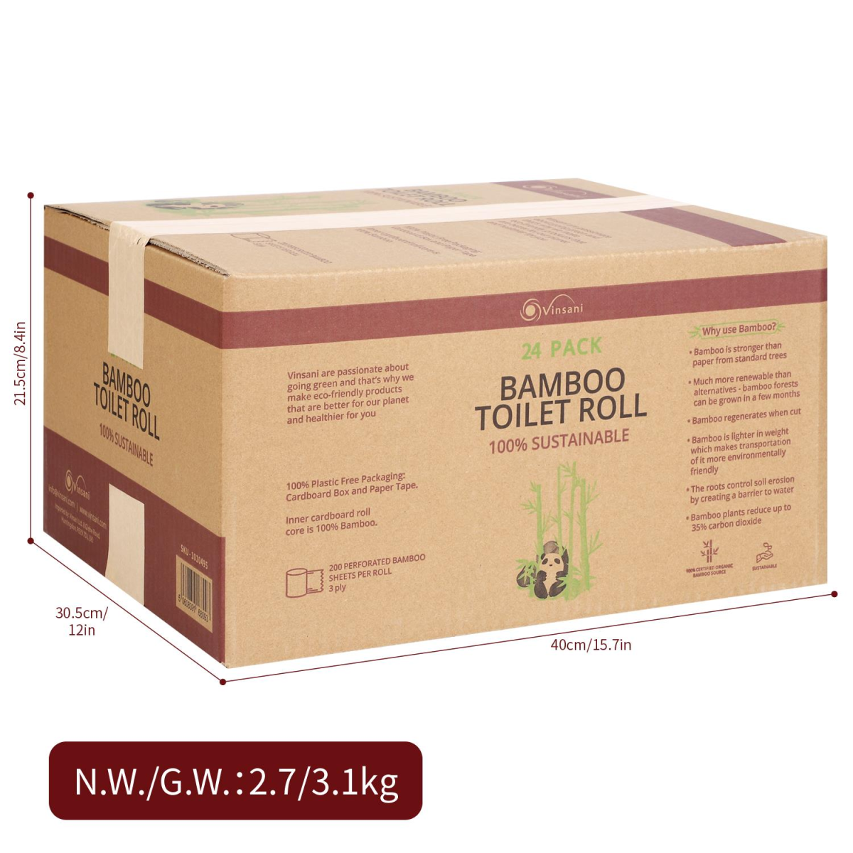 Vinsani Bamboo Toilet Rolls 24 Pack Eco-Friendly Sustainable Toilet Roll