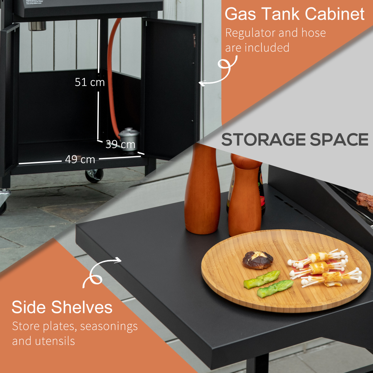 Outsunny 3 Burner Gas BBQ Grill with Lid, Warming Rack, Side Shelves, Storage Cabinet, Wheels, Piezo Ignition