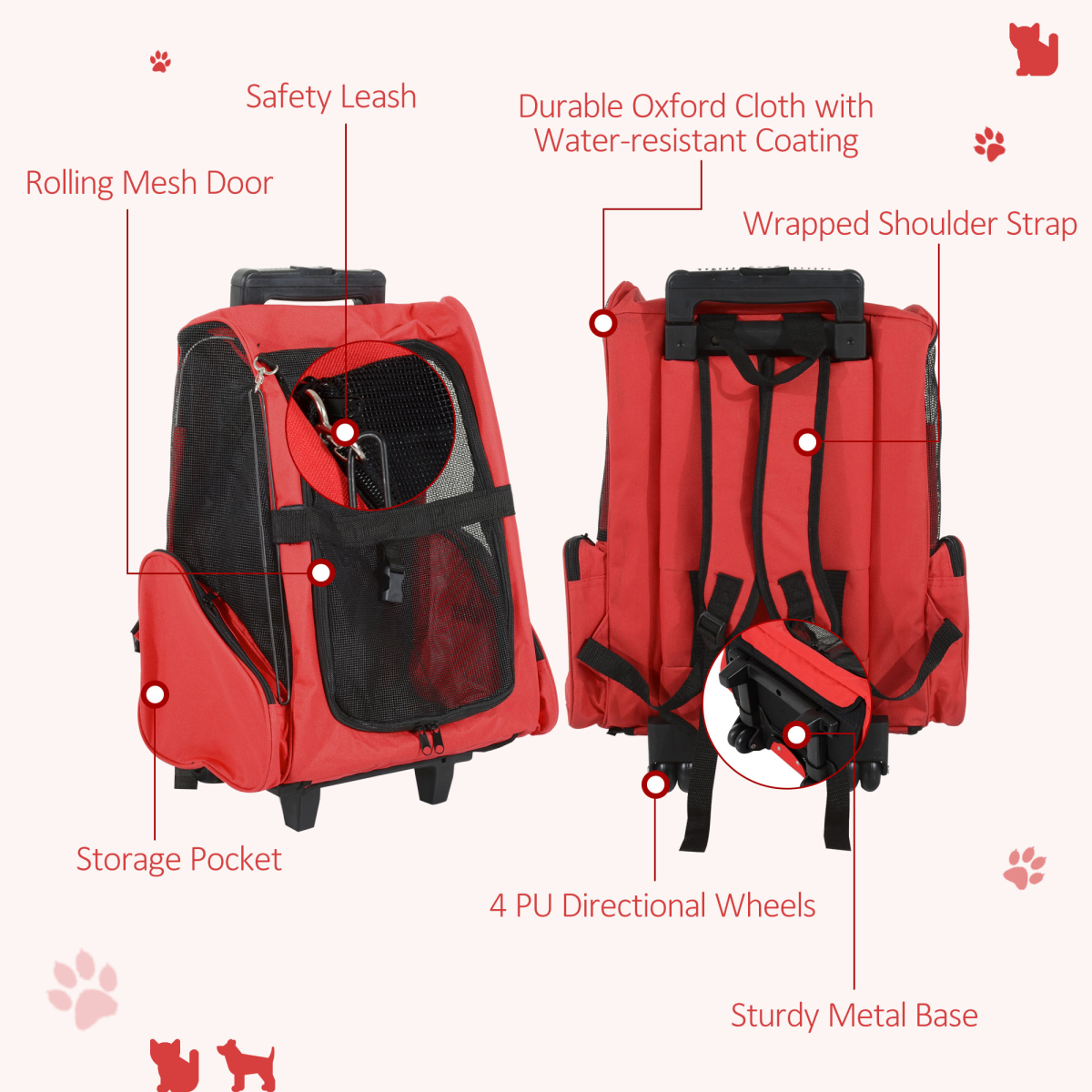 Pawhut Pet Travel Backpack Carrier, 2-in-1 Trolley Bag with Telescopic Handle, 4 Detachable Wheels, Breathable Mesh, Safety Buckle Lock