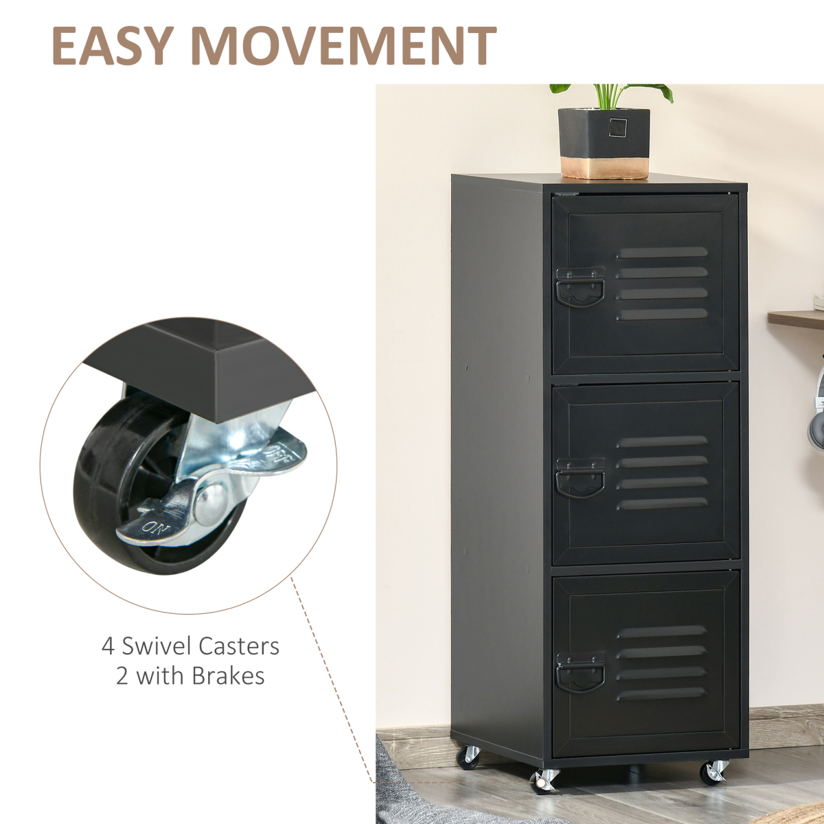3-Tier Rolling Storage Cabinet with Wheels, Metal Doors, Black