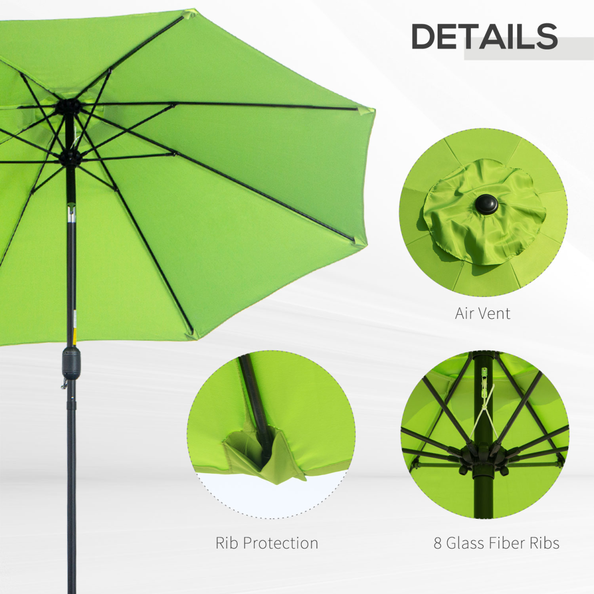 Outsunny 2.65m Patio Sun Umbrella Parasol with Tilt Canopy, Crank Handle, Powder Coated Aluminium Pole, Light Green