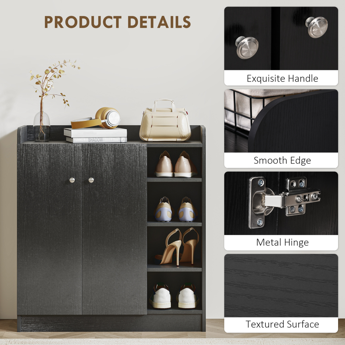 HOMCOM 4-Tier Shoe Storage Cabinet with Adjustable Shelves, Black