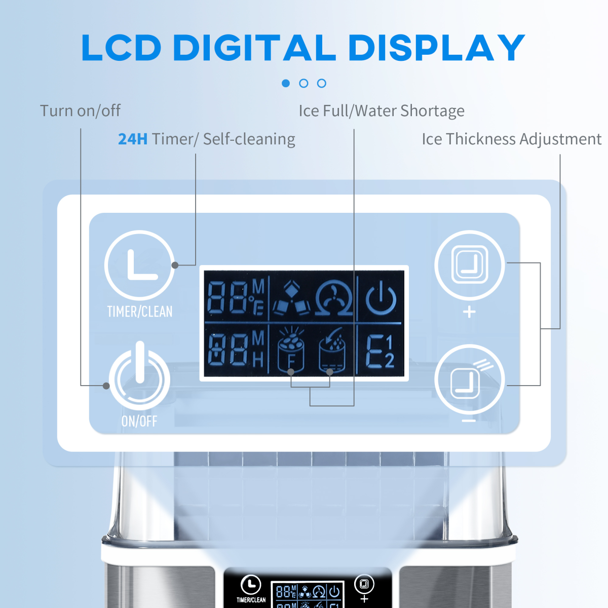 Counter Top Ice Maker Machine, Makes 20kg Ice in 24 Hours, 24 Cubes Every 18 Minutes, LCD Display, Automatic Cleaning, Adjustable Cube Size, 3.2L Capacity, Unbranded
