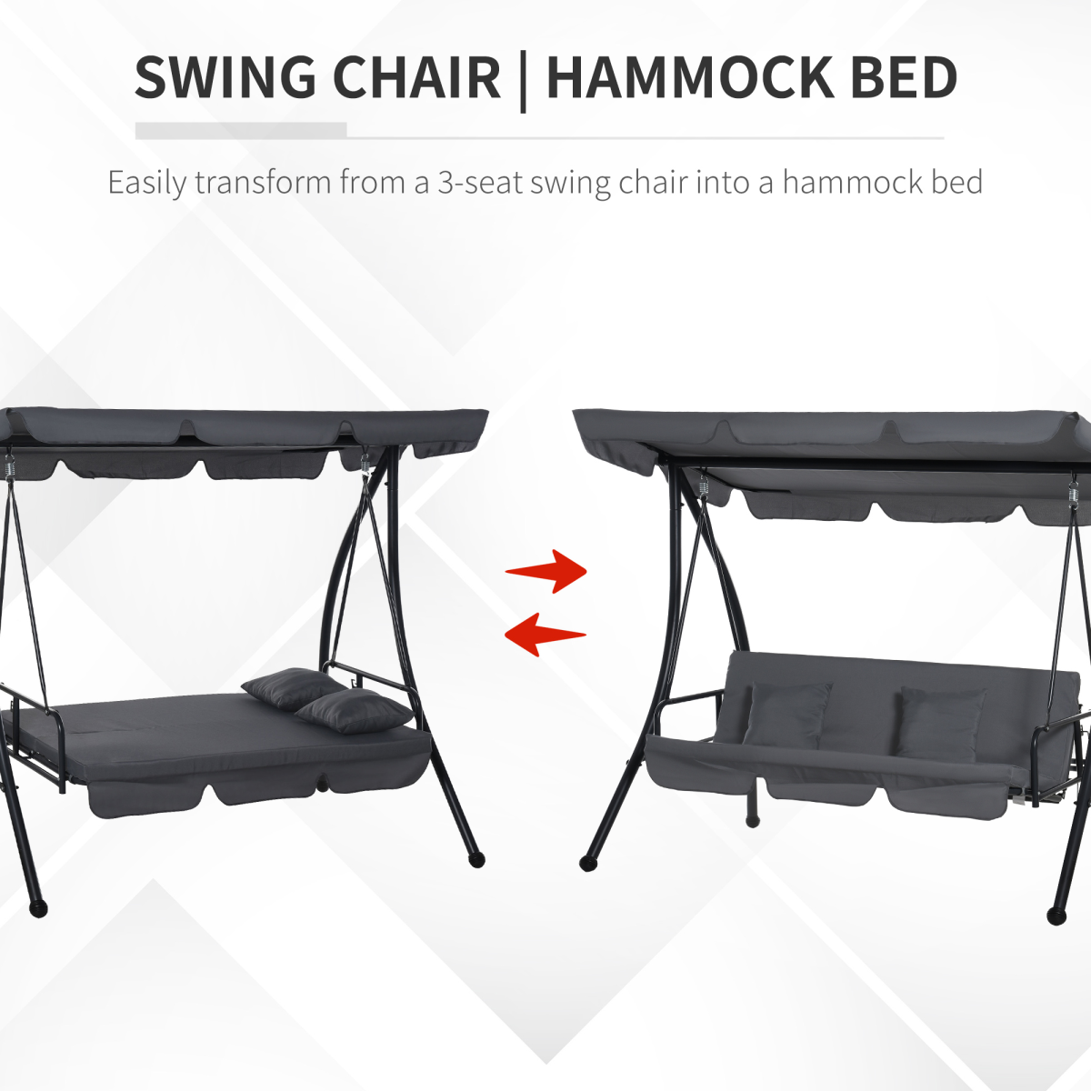 Outsunny 2-in-1 Patio Swing Chair Lounger, 3-Seater Hammock Bed with Adjustable Canopy, Dark Grey Cushion