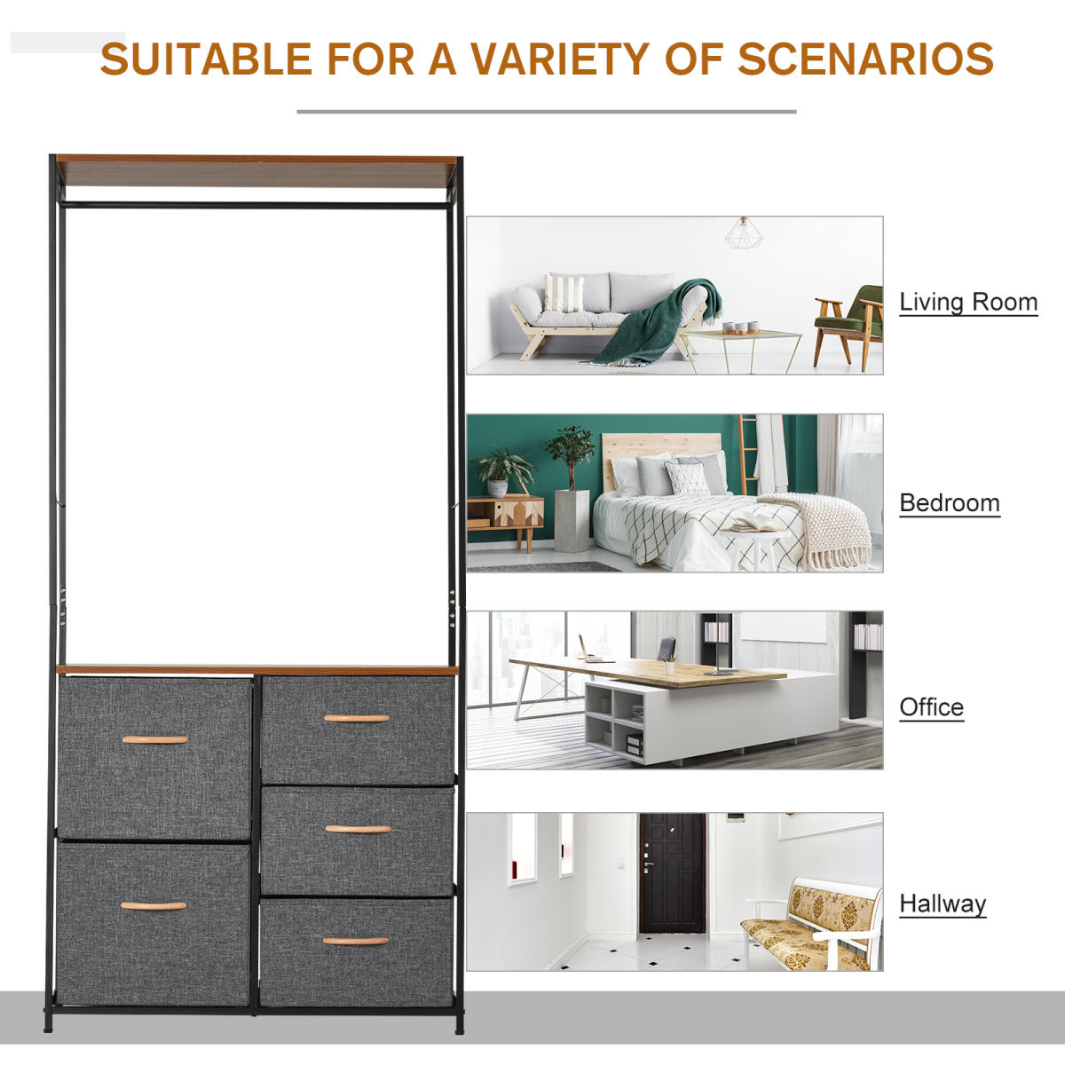HOMCOM Freestanding Clothes Hanger Storage Unit, Steel Frame, Black Brown, 175 x 83 cm, with Top Rail, Shelf and Drawers