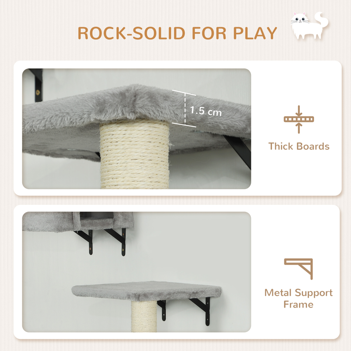 PawHut 6-Piece Wall-Mounted Cat Shelves Set with Condo, Grey