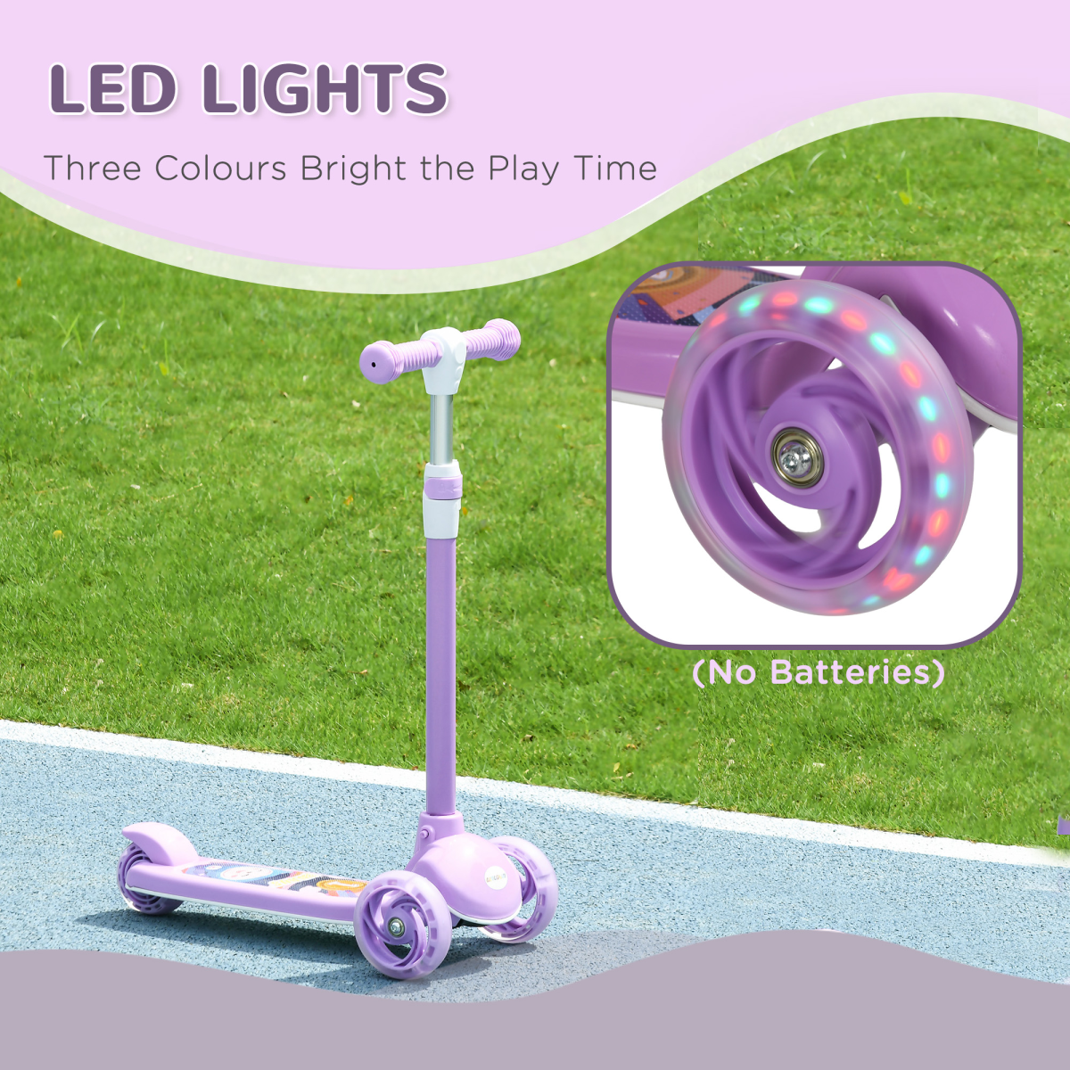 AIYAPLAY Kids 3-Wheel LED Scooter, Adjustable Height, Purple, 2-6 Years