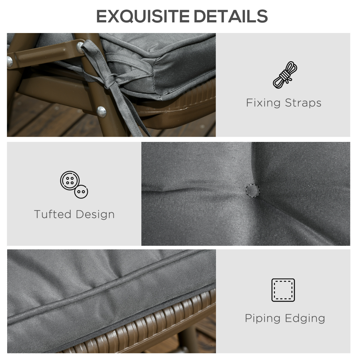 Outsunny Grey Garden Seat Cushion with Ties, 45 x 45 x 5cm