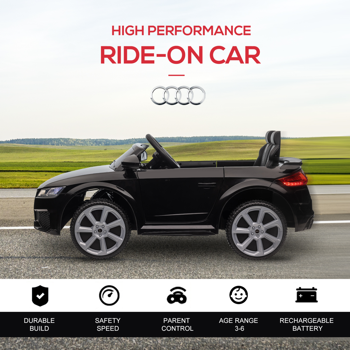 Licensed Audi TT RS 12V Electric Ride On Car with Remote Control, Headlights and MP3 - Black