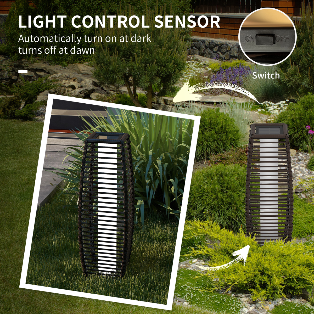 Outsunny Rattan Solar Floor Lamp with Auto On/Off LED Light for Porch and Yard, Brown