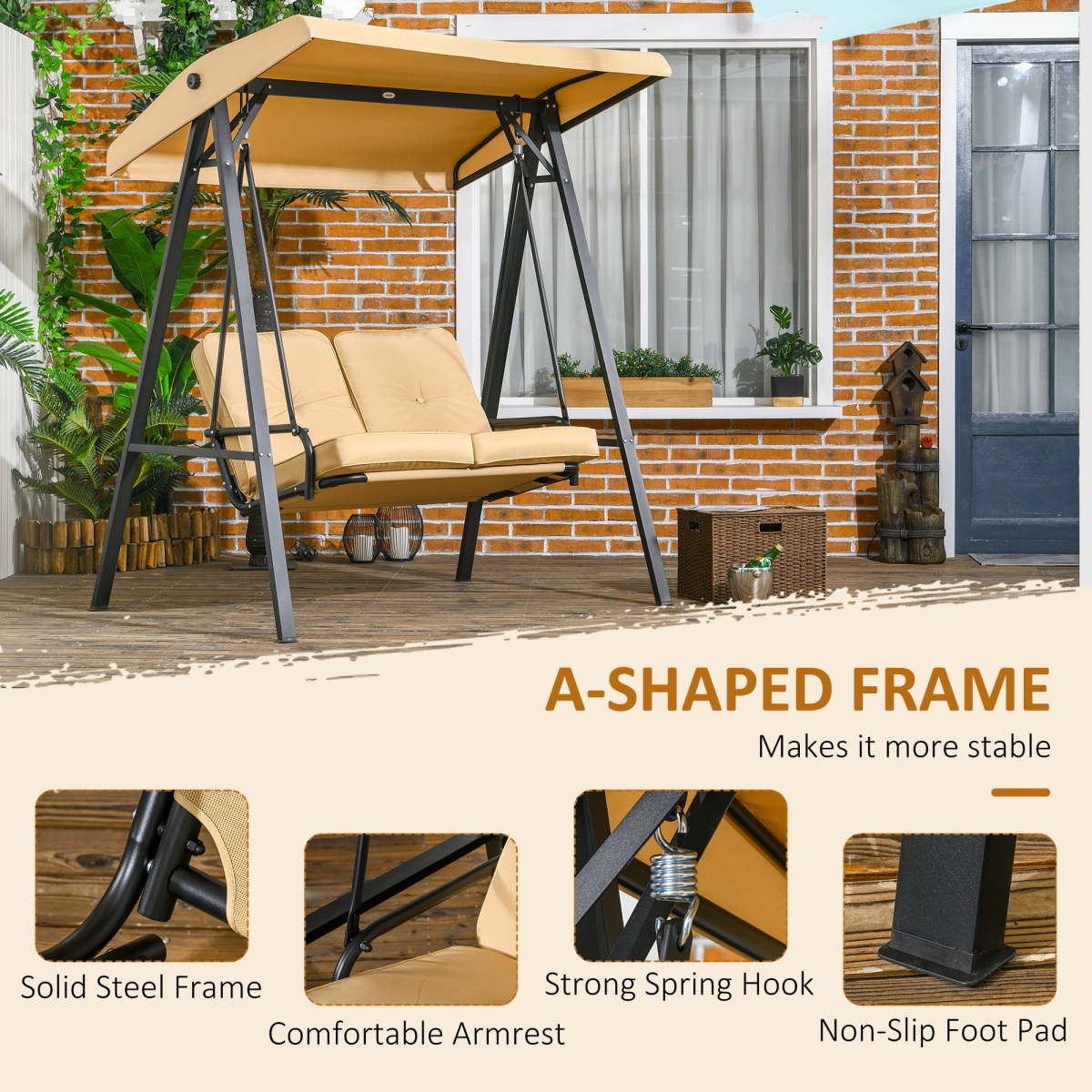 Outsunny 2-Seater Outdoor Swing Chair with Adjustable Canopy and Cushions