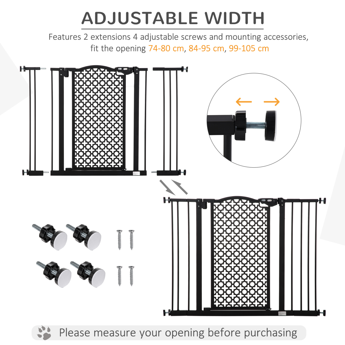 Pet Safety Gate 74-105 cm Pressure Fit Stair Gate with Double Locking, Automatic Closing, Steel Frame, Black