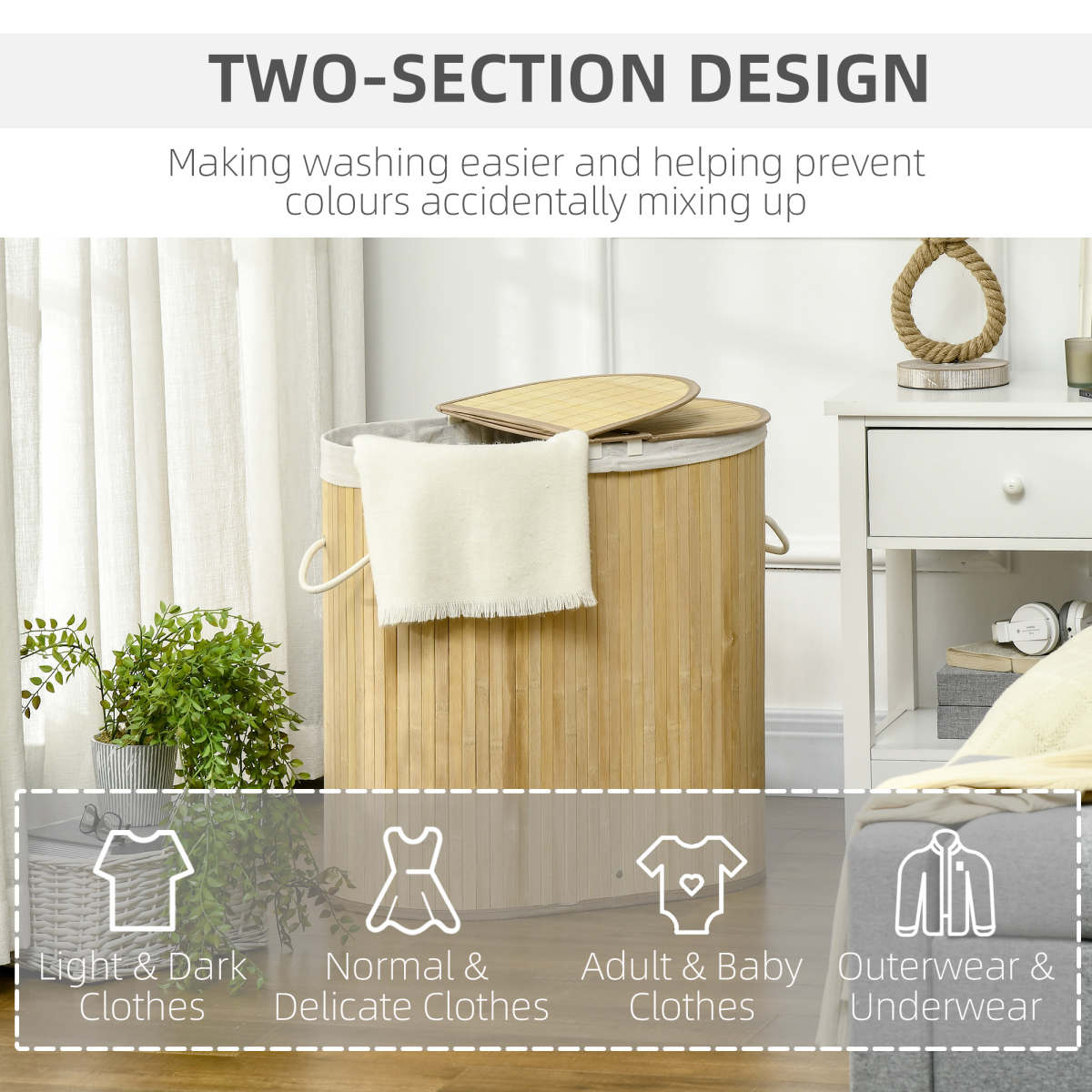100L Bamboo Laundry Basket with Lid, 2 Compartments and Removable Lining, Natural