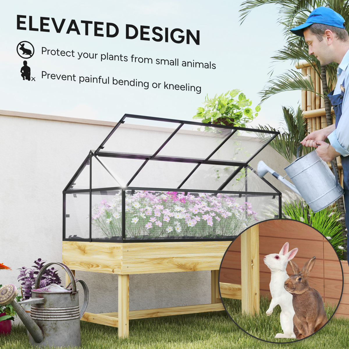Outsunny Raised Garden Bed Grow House with Polycarbonate Cover, Fir Wood and Steel, Natural Wood Finish