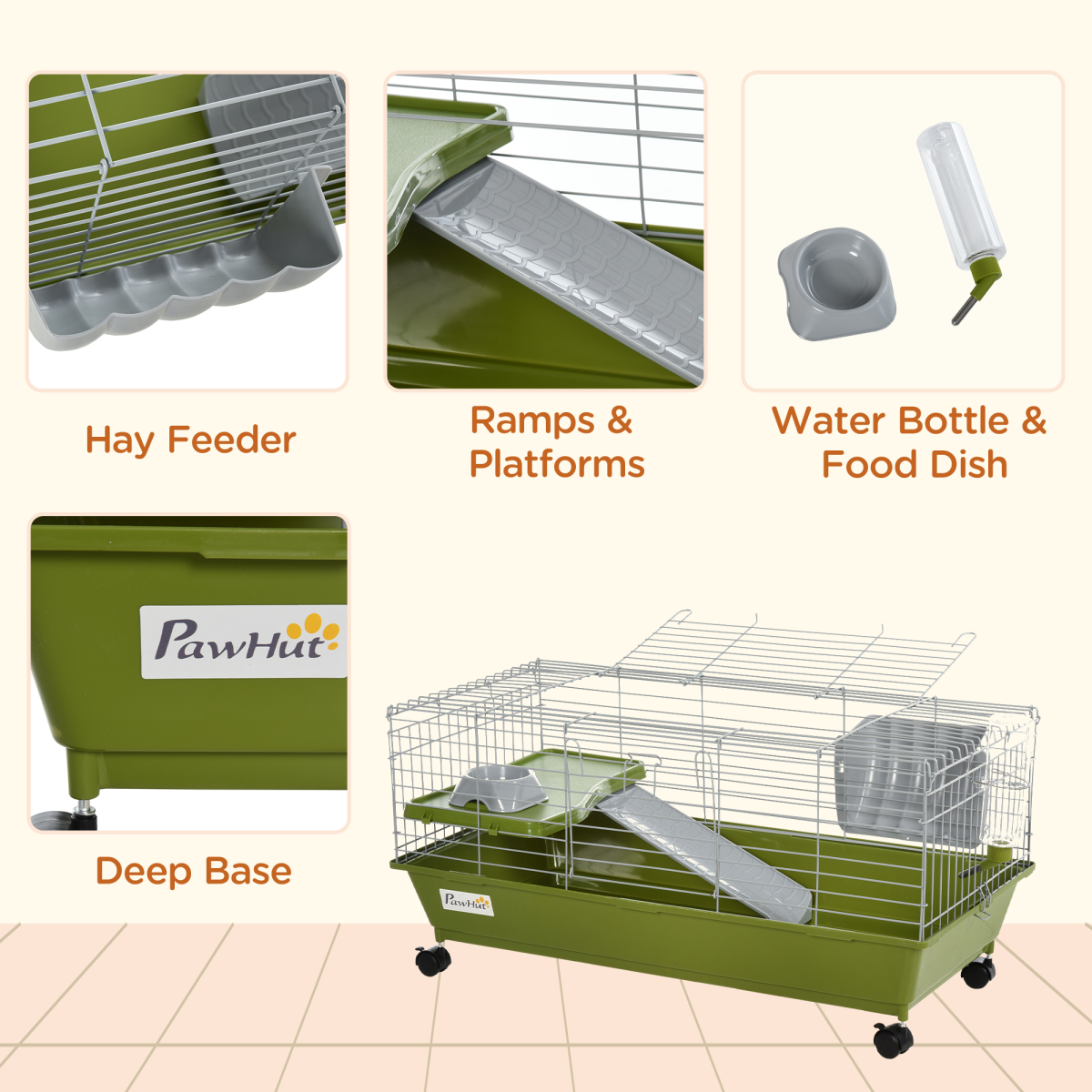 PawHut 89cm Small Animal Home Cage for Rabbits, Ferrets, Chinchillas and Guinea Pigs with Wheels, Platform, Ramp, Hay Feeder, Water Bottle and Food Dish