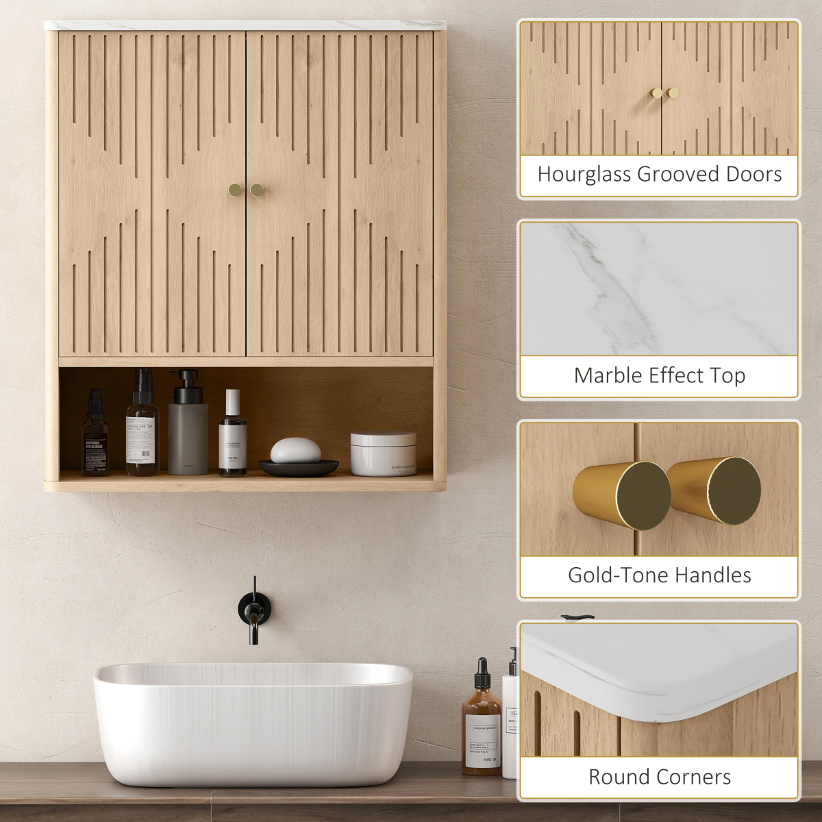HOMCOM Bathroom Wall Cabinet with Adjustable Shelf, Open Shelf, Oak