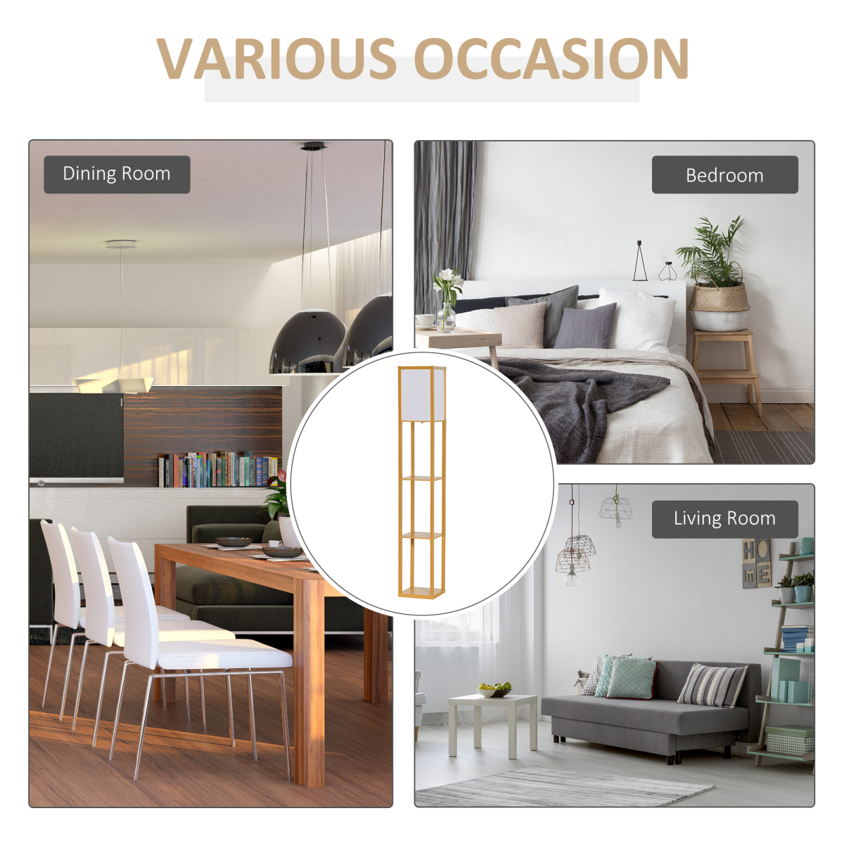 HOMCOM Floor Lamp with 3 Storage Shelves and Foot Switch, Natural