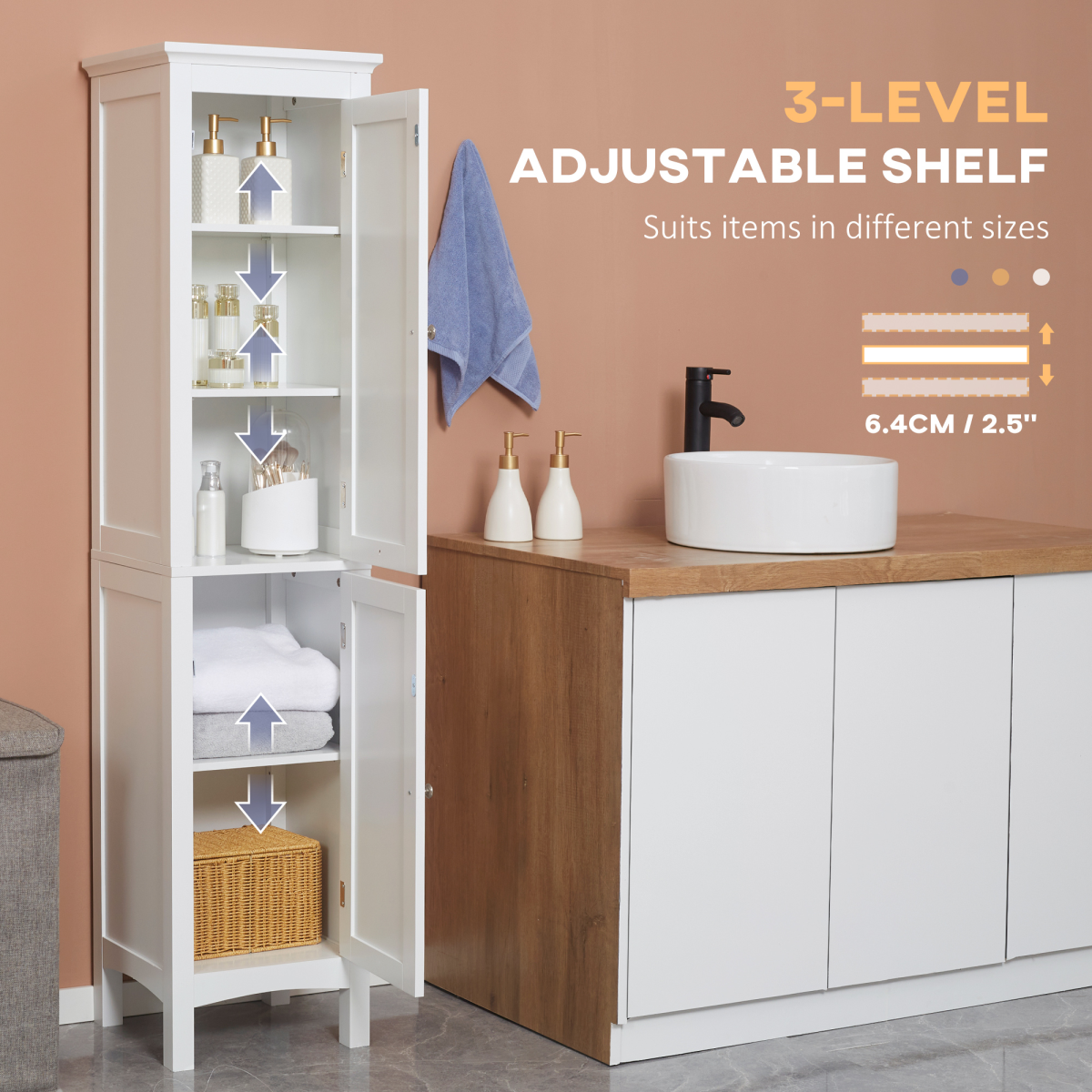 kleankin Tall Bathroom Cabinet, Double Door, Adjustable Shelves, White