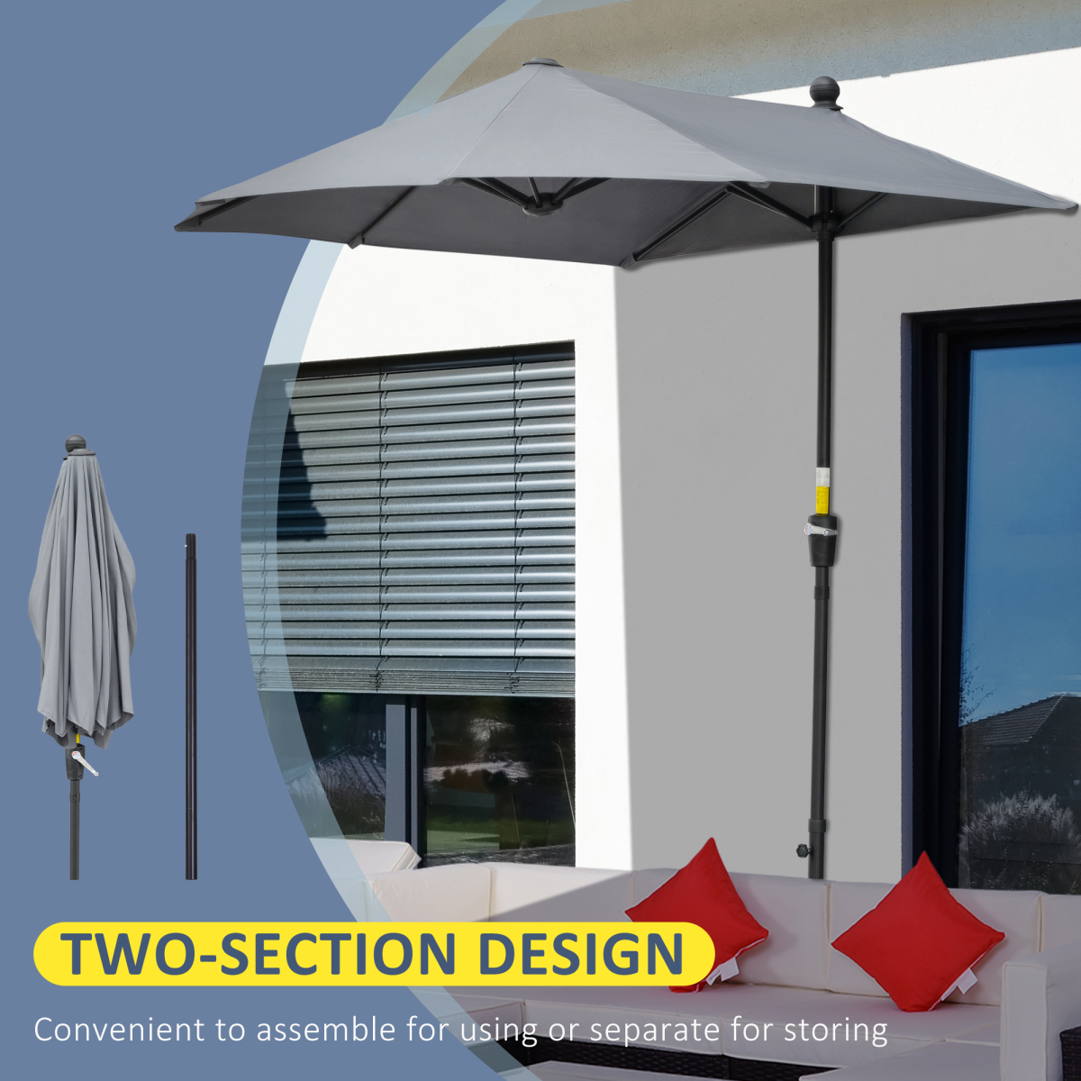 Outsunny 2m Half Garden Parasol Umbrella with Crank Handle, Dark Grey