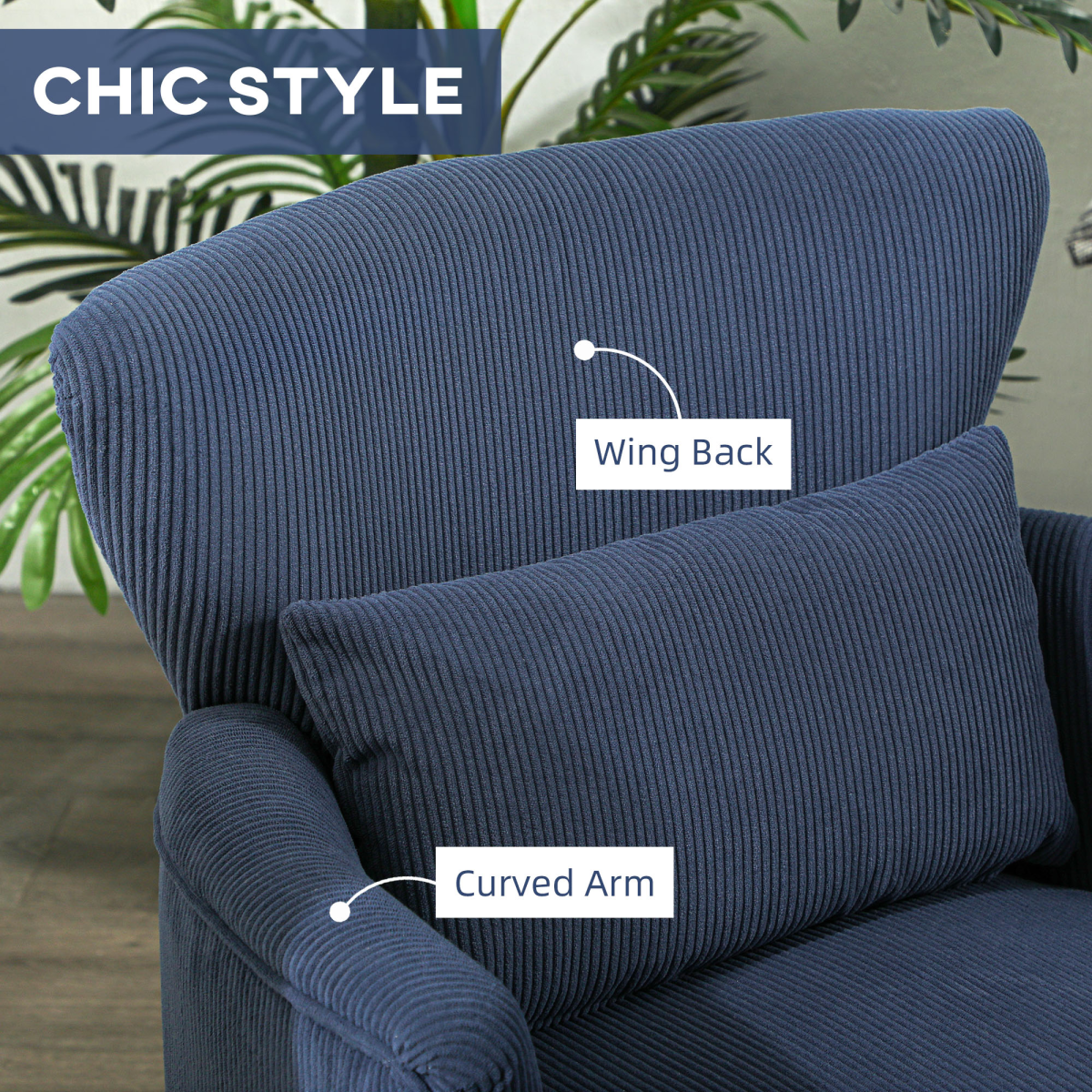 HOMCOM Blue Corduroy Wingback Armchair with Padded Seat & Backrest