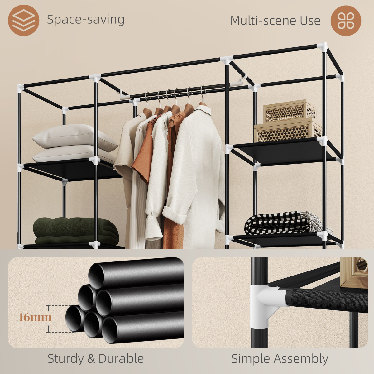 Portable Fabric Wardrobe with 10 Shelves and Hanging Rail, Black