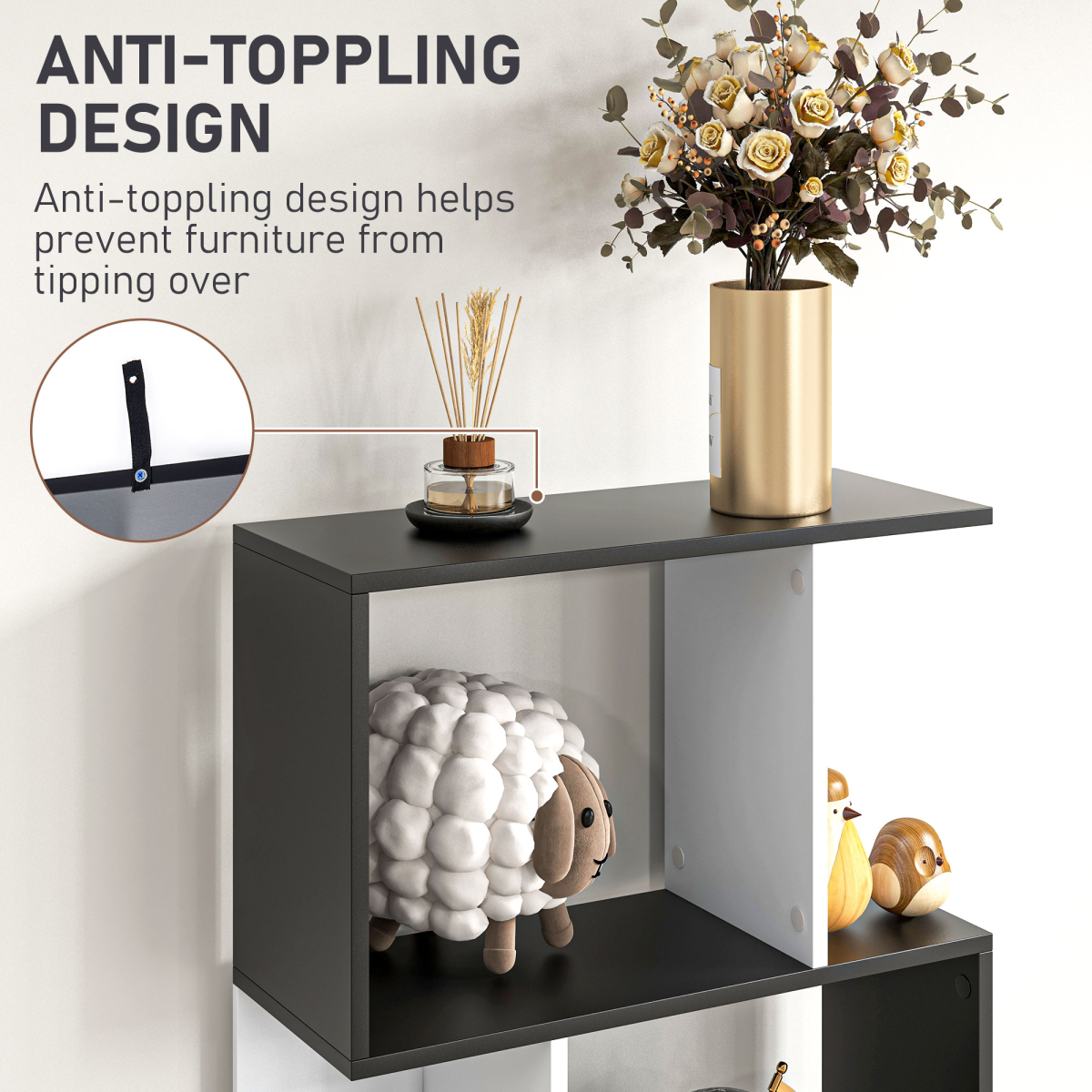 HOMCOM 5-Tier S-Shaped Bookcase Shelf Divider, Open-Back Display Storage Unit, Black