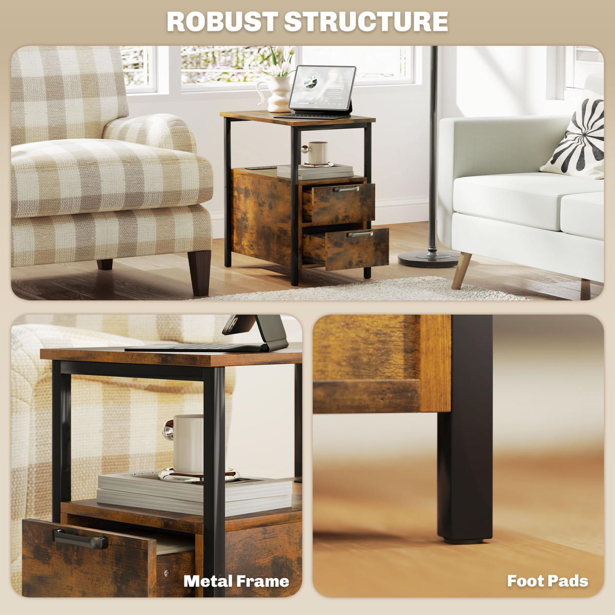HOMCOM Nightstand with Charging Station, 2 Drawers, Rustic Brown
