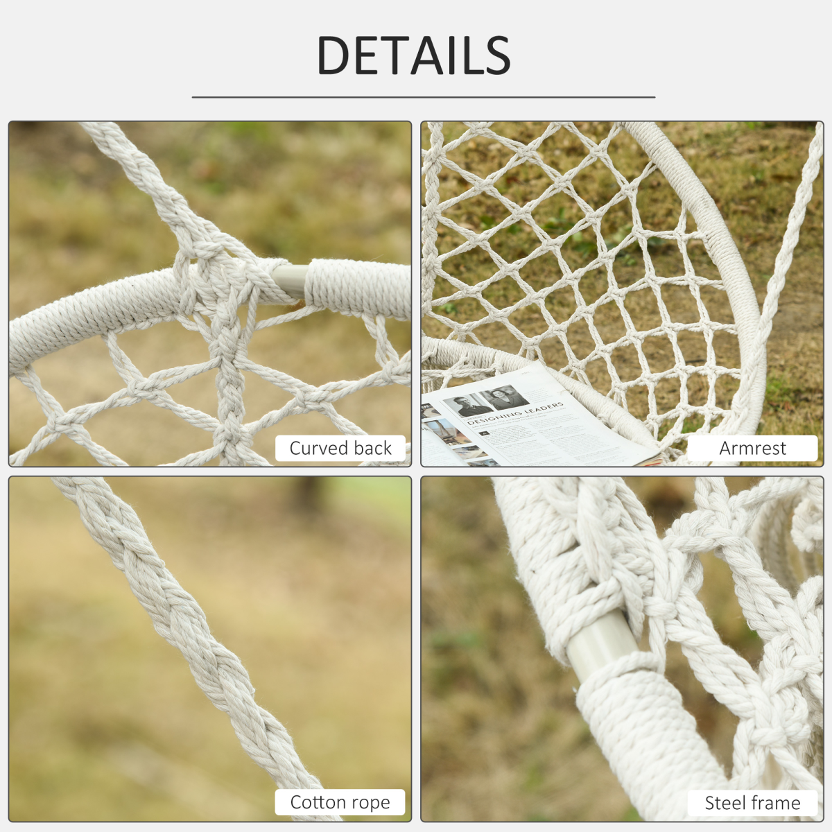 Outsunny Hanging Hammock Chair, Cotton Rope Macrame Swing with Metal Frame, Large 2-Seater, Cream White
