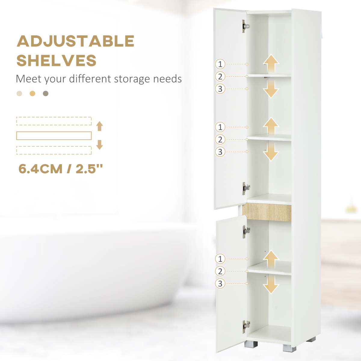 Slim Freestanding Tall Bathroom Storage Cabinet with Adjustable Shelves, Integrated Finger Pull, White
