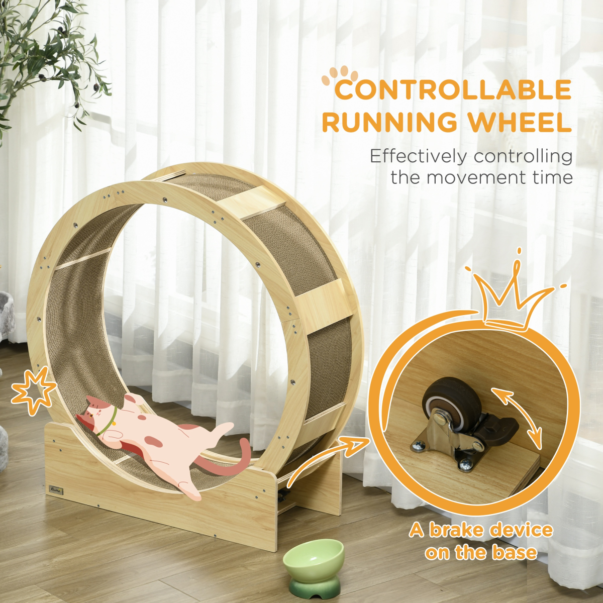 PawHut Cat Wheel with Brake & Scratching Pads, Oak