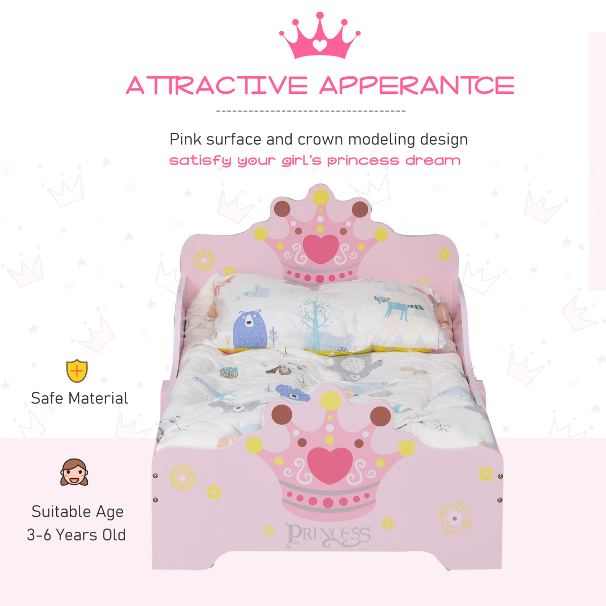 Homcom Kids Pink Princess Crown Wooden Bed with Side Rails