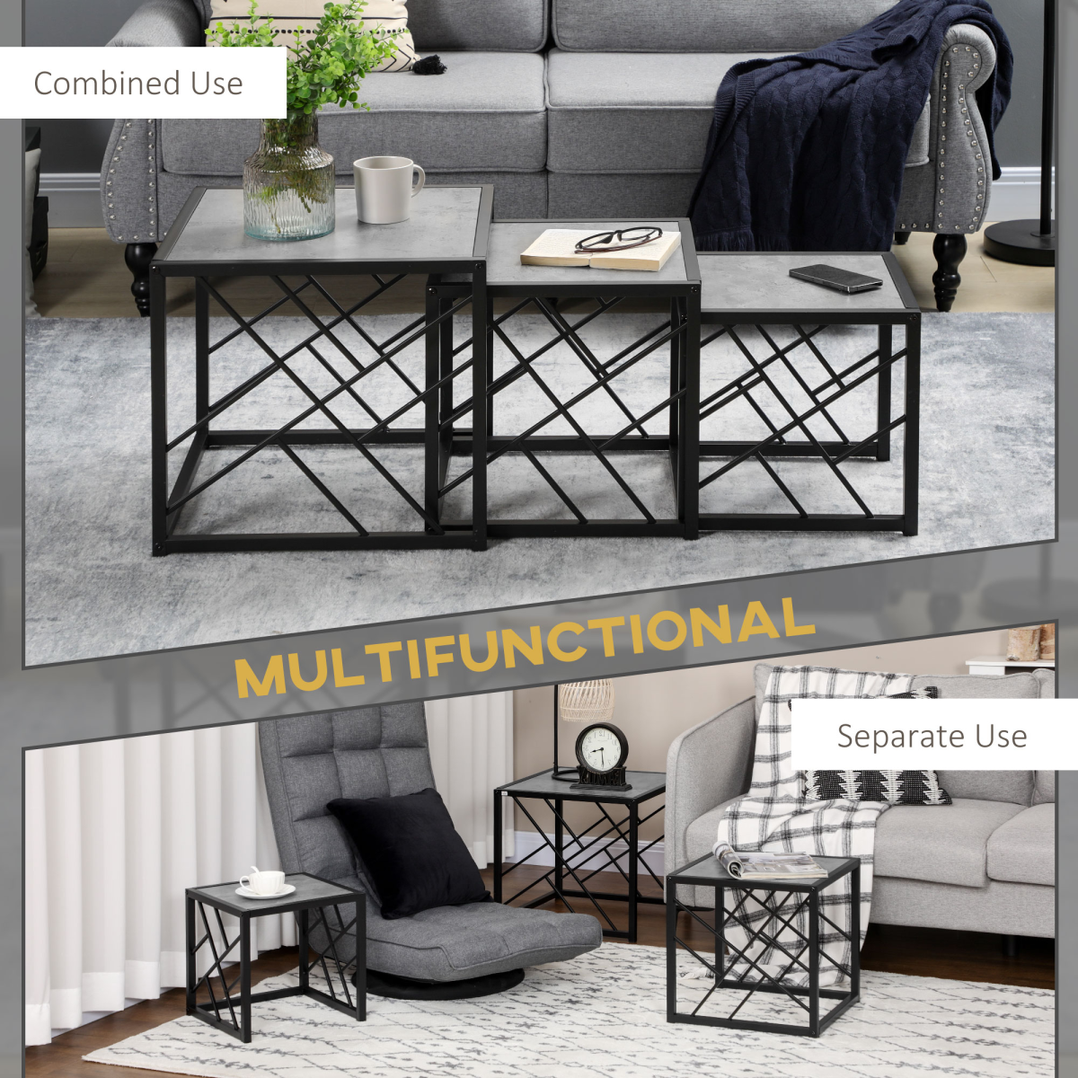 Set of 3 Nesting Square Coffee Tables, Grey Metal Frame