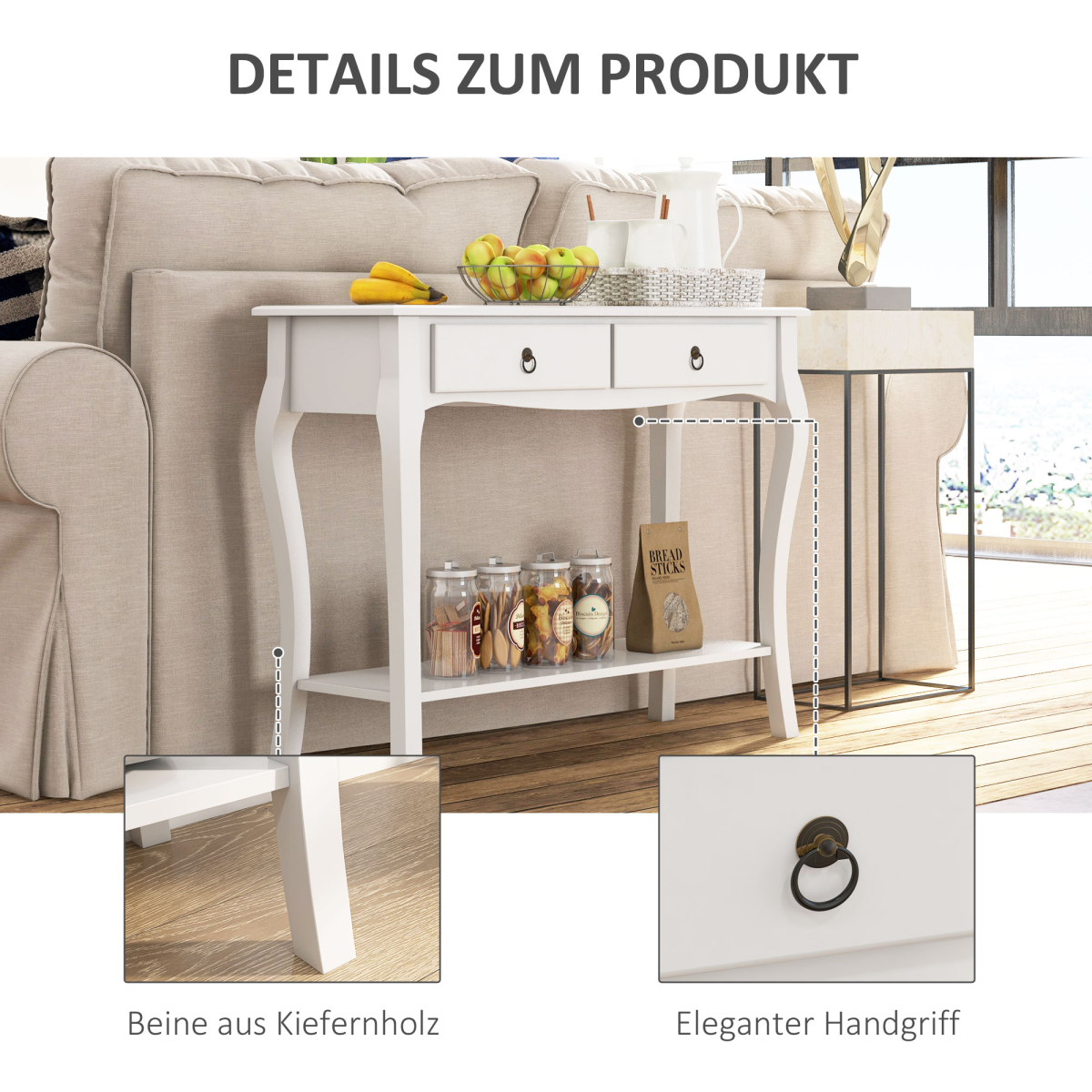 HOMCOM Ivory White Console Table with 2 Drawers and Lower Shelf