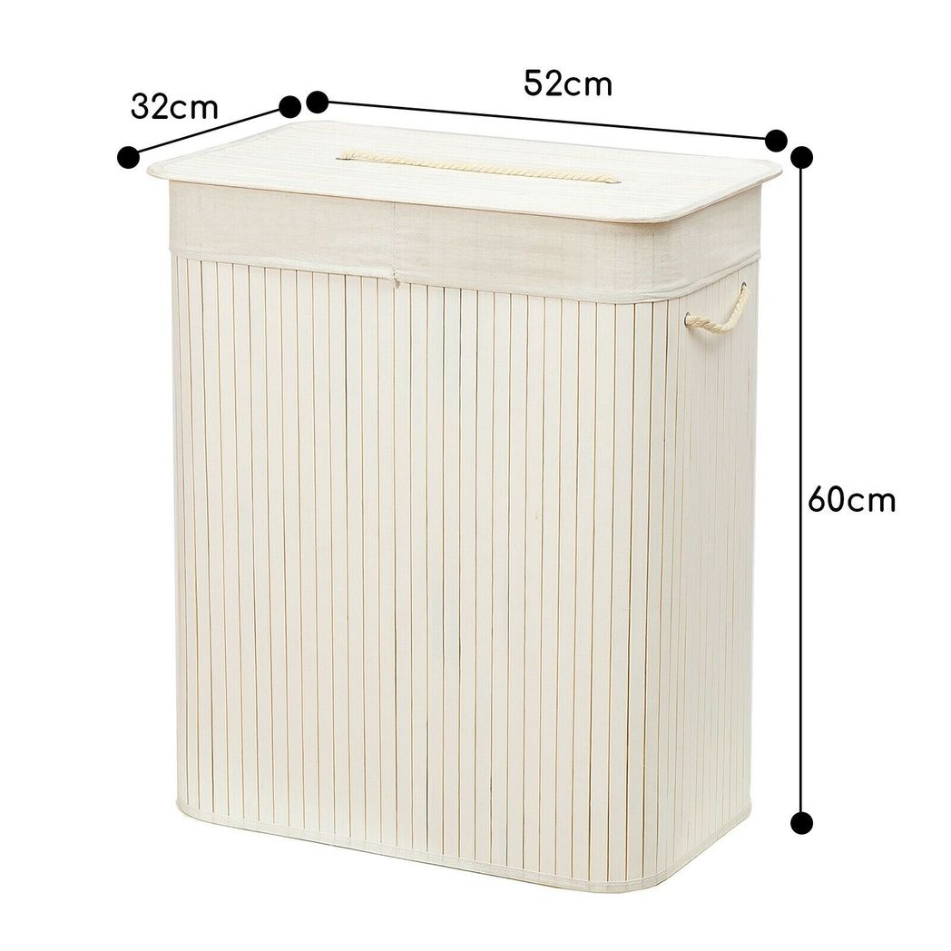 Rectangular Bamboo Laundry Basket with Lid and Rope Handles, White