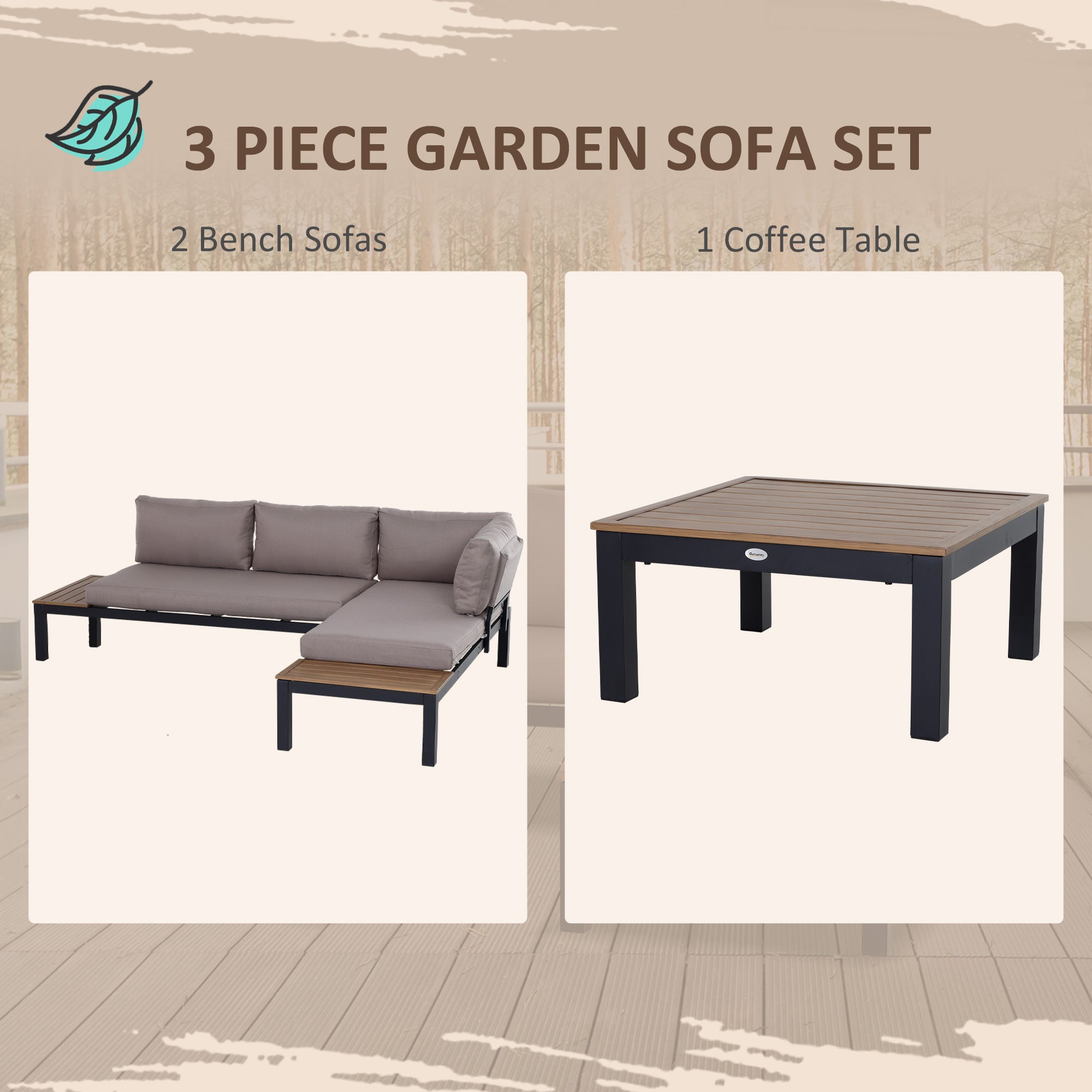 Outsunny 3-Piece Aluminium Frame Outdoor Lounge Set with Sofa, Chaise Lounge and Table, Mixed Grey