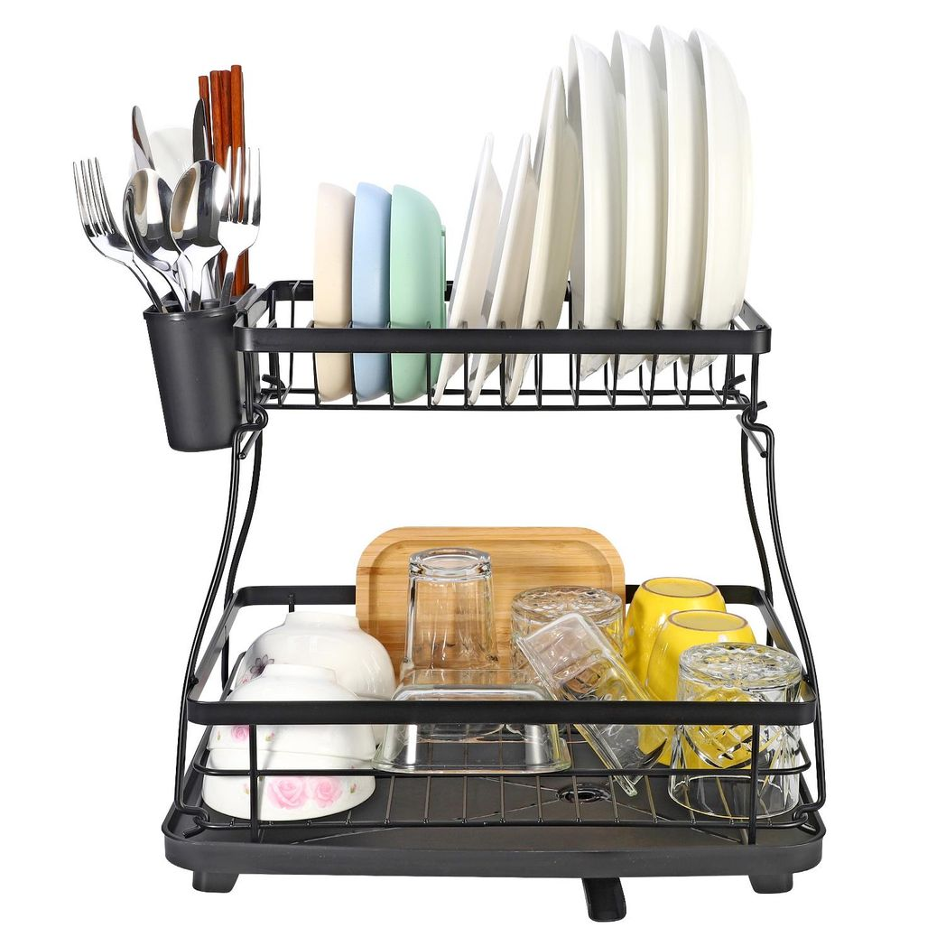 Vinsani 2-Tier Detachable Dish Drying Rack with Automatic Drainage, Stainless Steel, Utensil Holder and Drip Tray